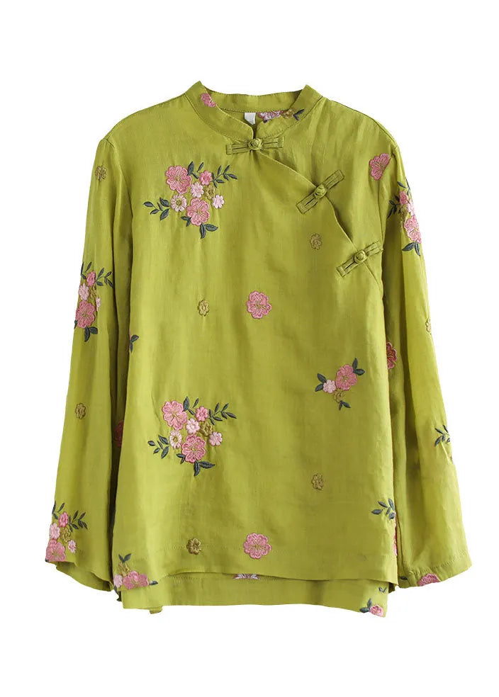 Fitted Yellow Mandarin Collar Embroidered Linen Blouse Top Long Sleeve
