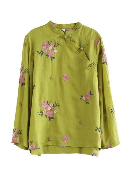 Fitted Yellow Mandarin Collar Embroidered Linen Blouse Top Long Sleeve