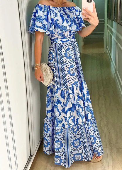 Classy Blue Slash Neck Ruffled Print Cotton Dresses Summer