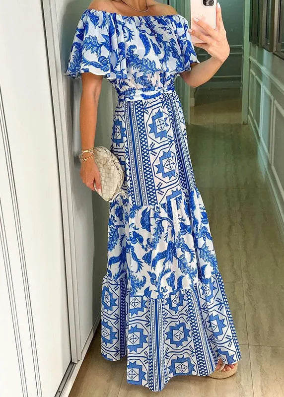 Classy Blue Slash Neck Ruffled Print Cotton Dresses Summer