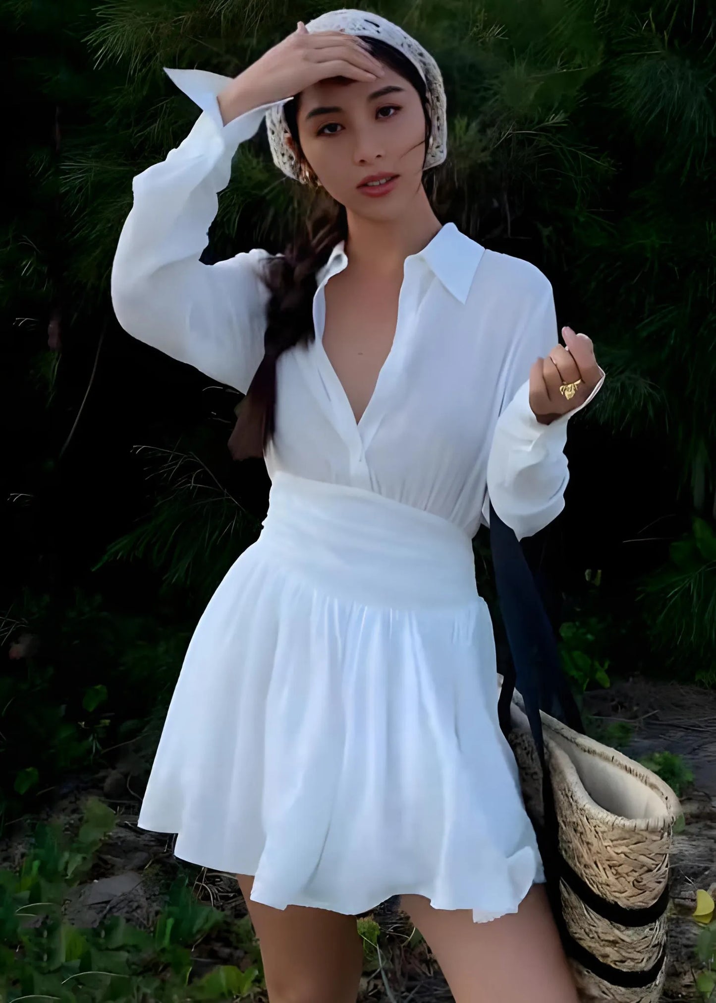 French White V Neck Shirt and Skirts Two Piece Set Fall