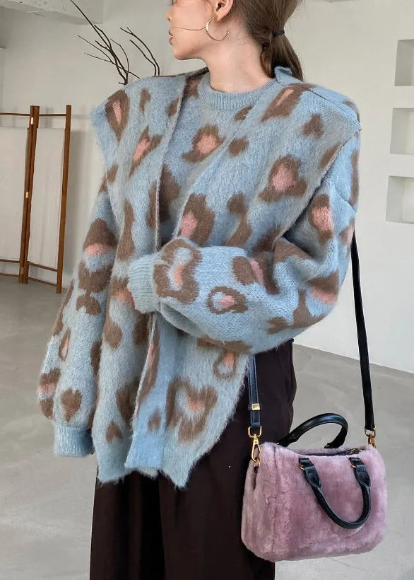 Blue Jacquard Cozy Knit Two Pieces Set O Neck Winter