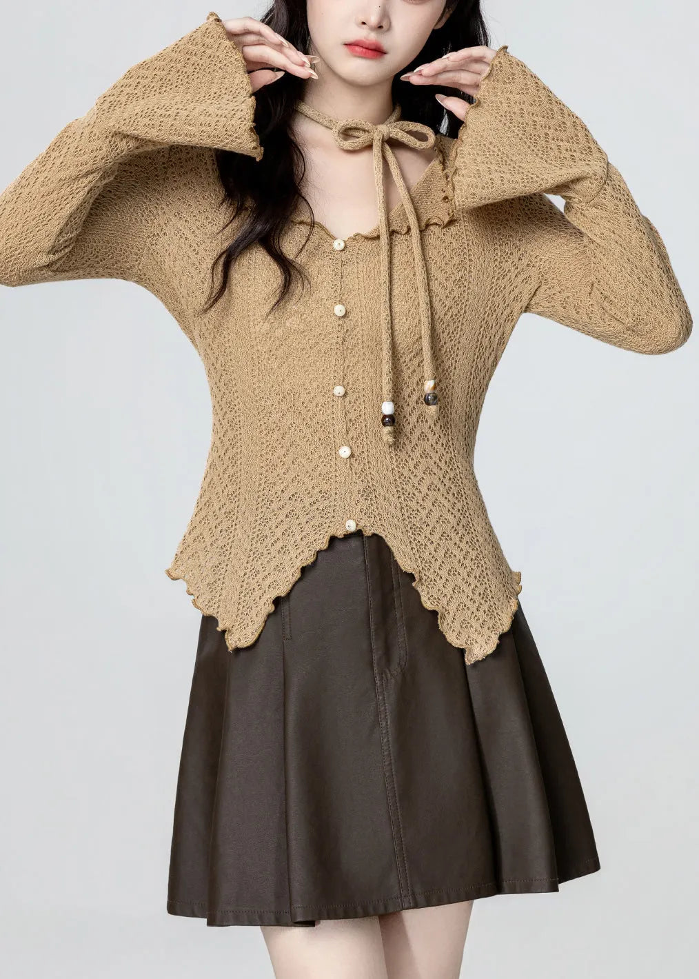 French Khaki V Neck Asymmetrical Design Knit Top Spring