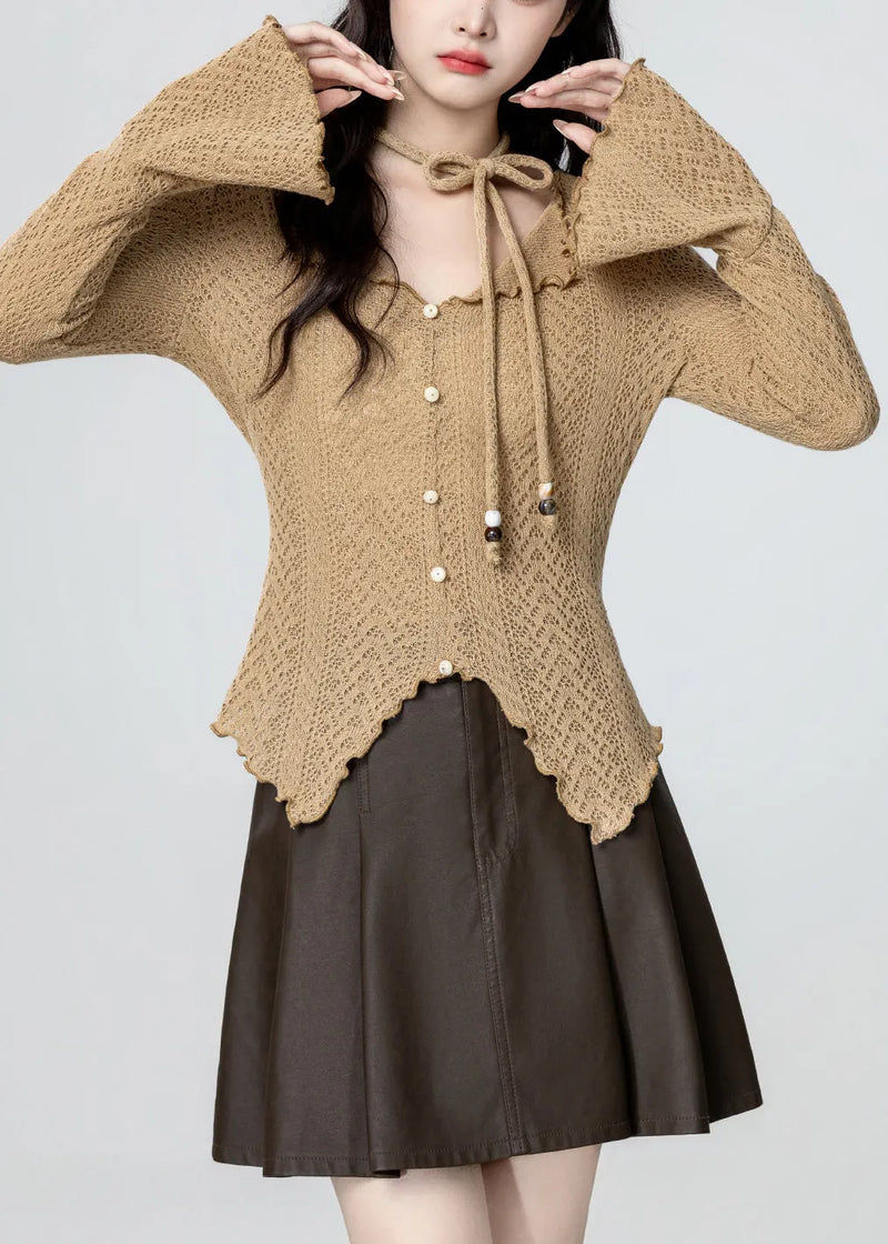 French Khaki V Neck Asymmetrical Design Knit Top Spring