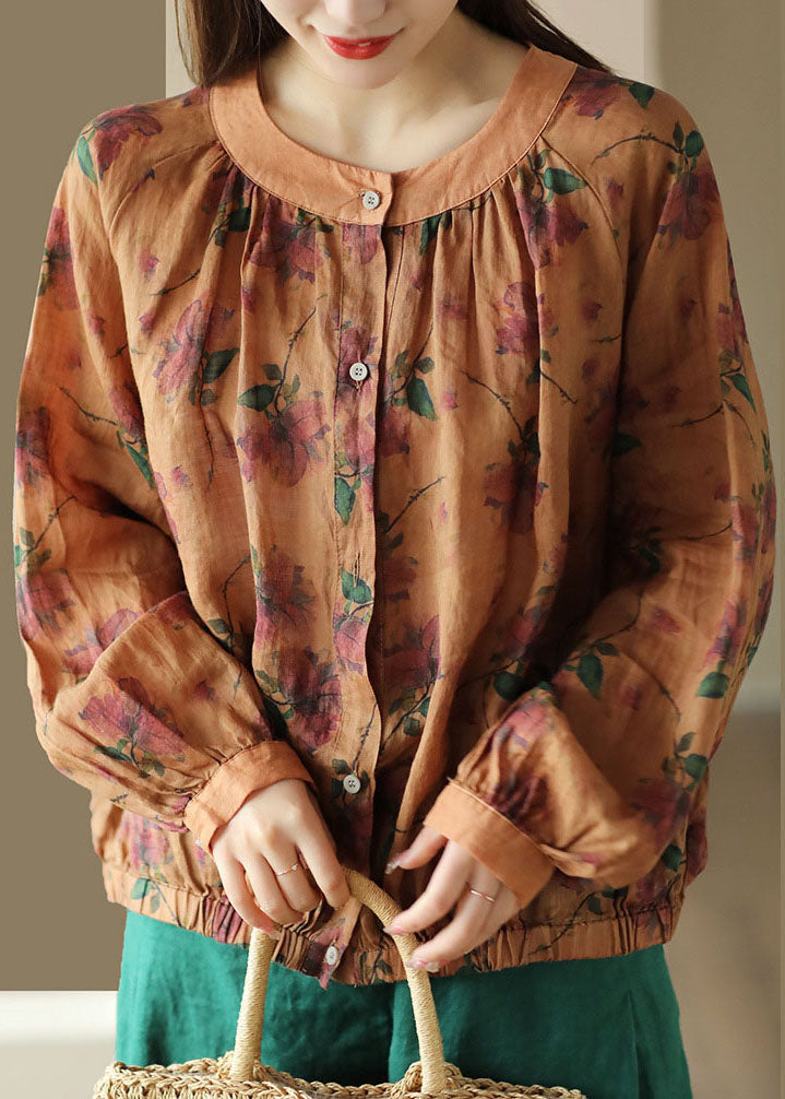 Orange O Neck Wrinkled Print Patchwork Linen Shirt Tops Spring