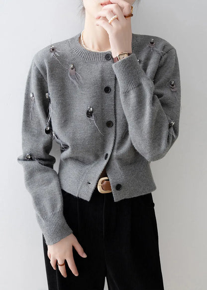 Boutique Grey O Neck Sequins Knit Cardigan Spring