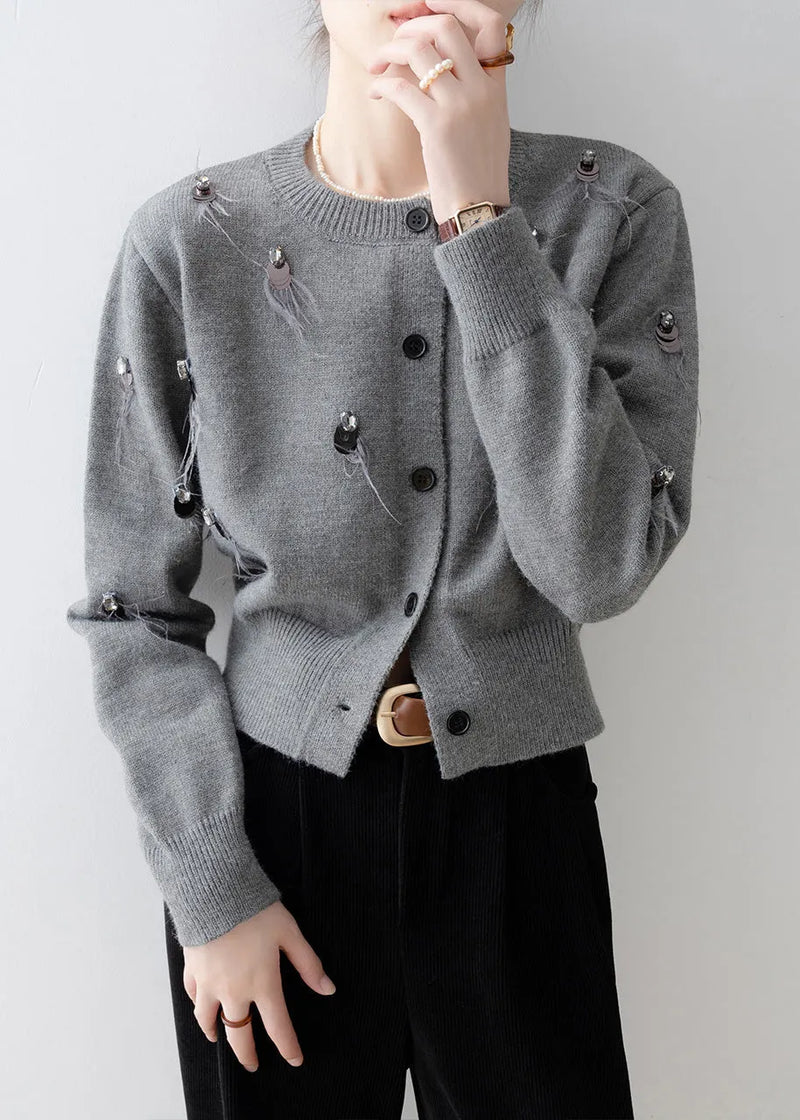 Boutique Grey O Neck Sequins Knit Cardigan Spring
