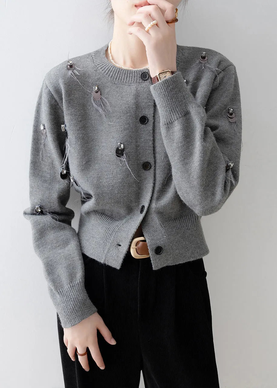 Boutique Grey O Neck Sequins Knit Cardigan Spring