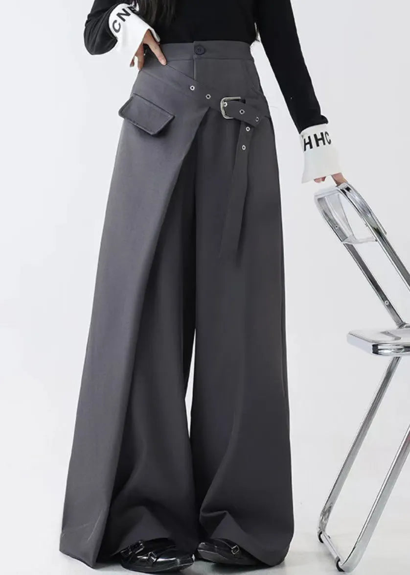 Grey False Two Pieces Spandex Fall Wide Leg Pants Pockets