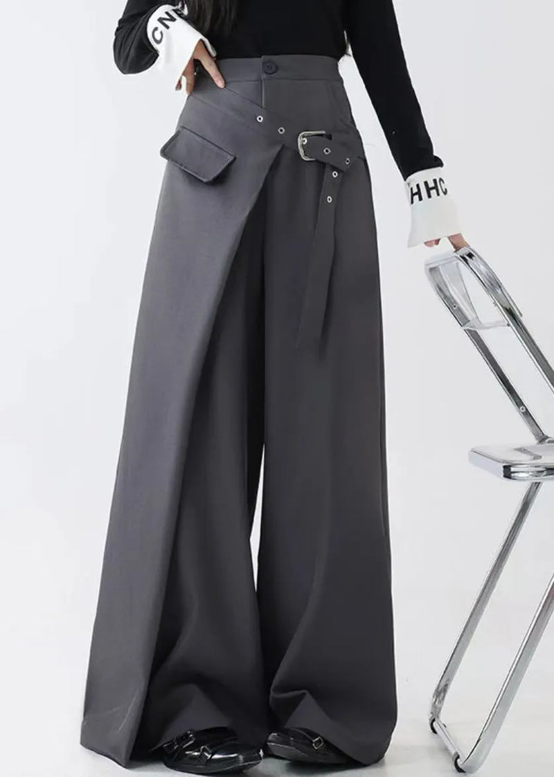 Grey False Two Pieces Spandex Fall Wide Leg Pants Pockets