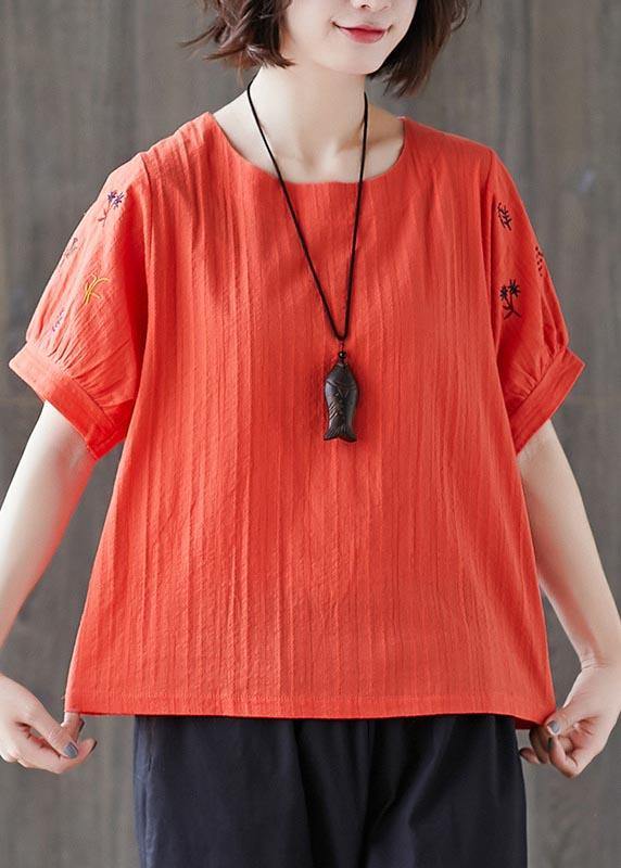 Navy Embroidered Cotton Linen T Shirts Summer