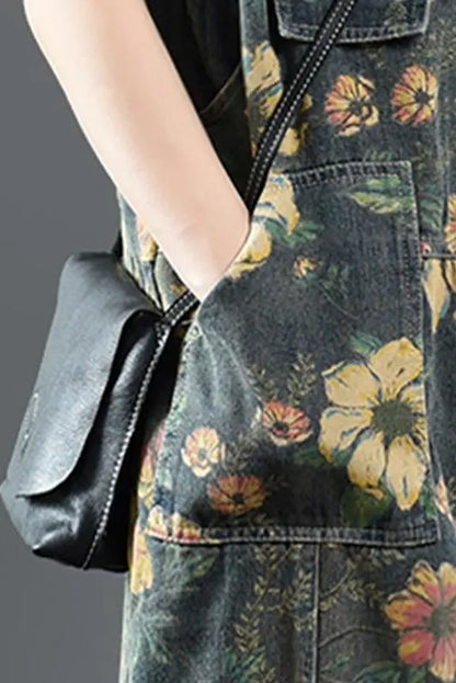 Limited Stock- Flower Print Denim Cotton Jumpsuit Dungarees