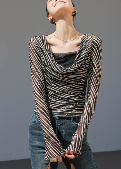 Black Khaki Striped Draped Neckline Top Spring