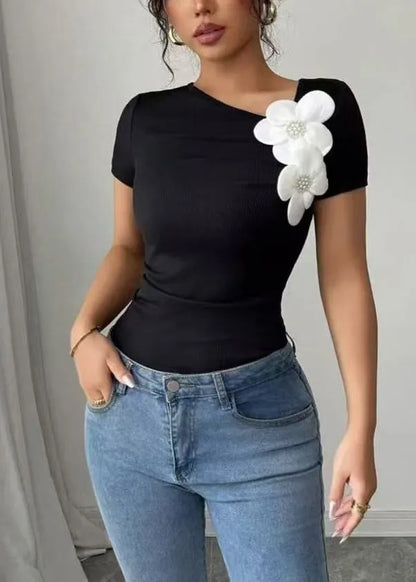 French Black Decorated Cotton Short Tops Summer