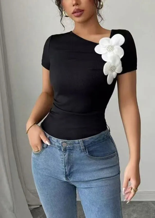 French Black Decorated Cotton Short Tops Summer