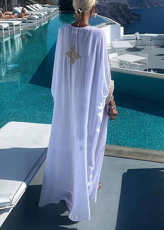 Gold Embroidered Kaftan Retro V Neck White Dress