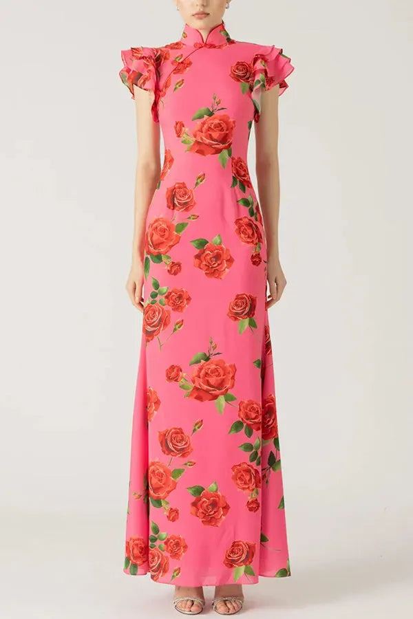 Cheongsam Style Rose Print Tiered Flare Sleeve Stretch Maxi Dress
