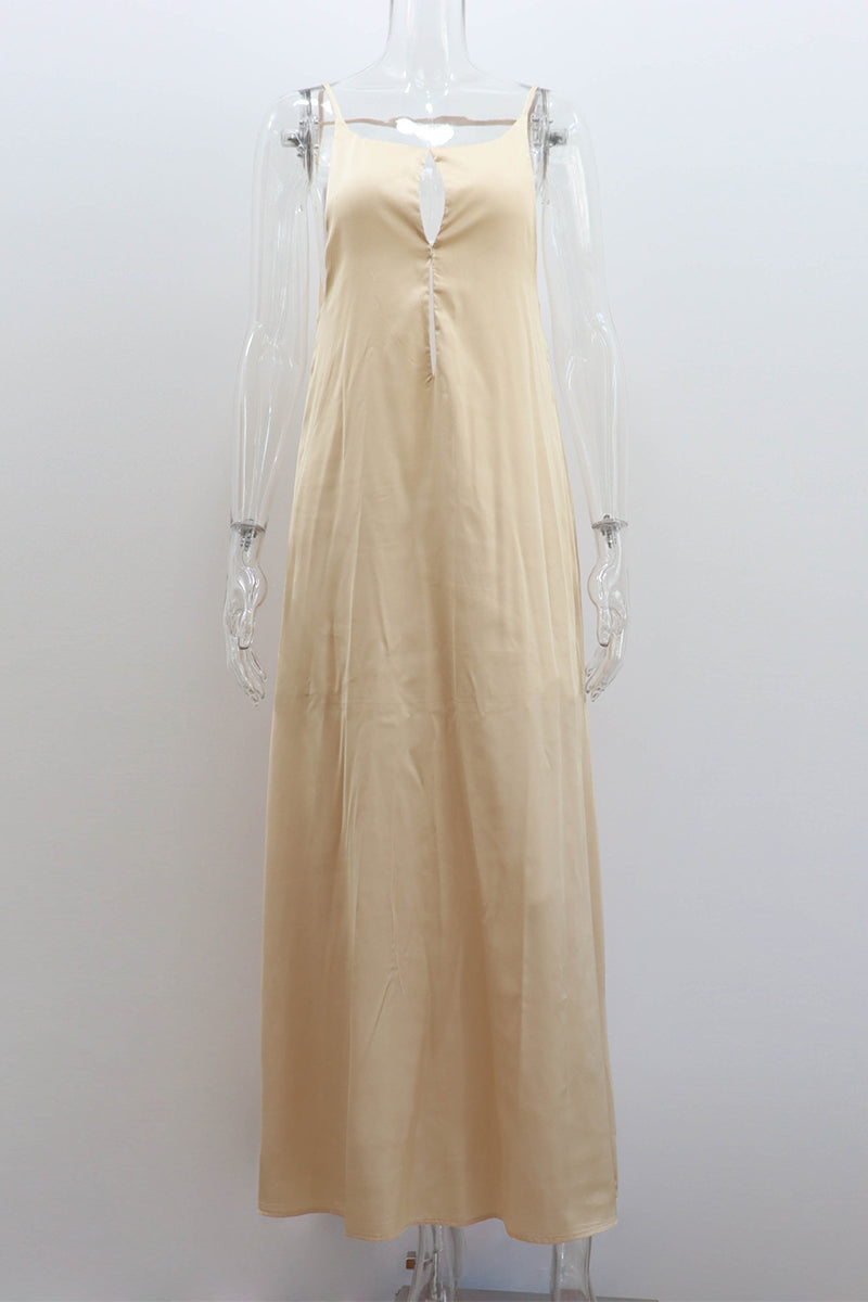 Vacation Color Hollow Out Backless O Neck Sling Dresses