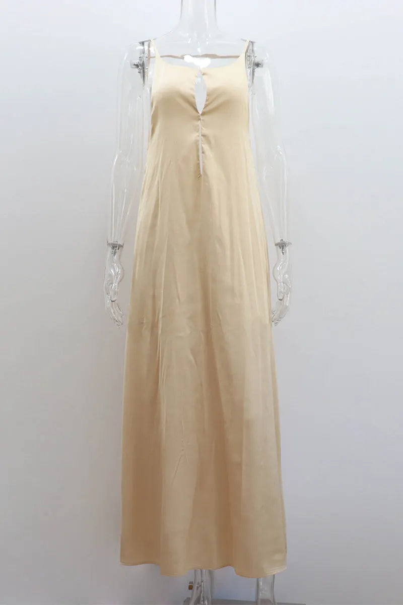 Vacation Color Hollow Out Backless O Neck Sling Dresses