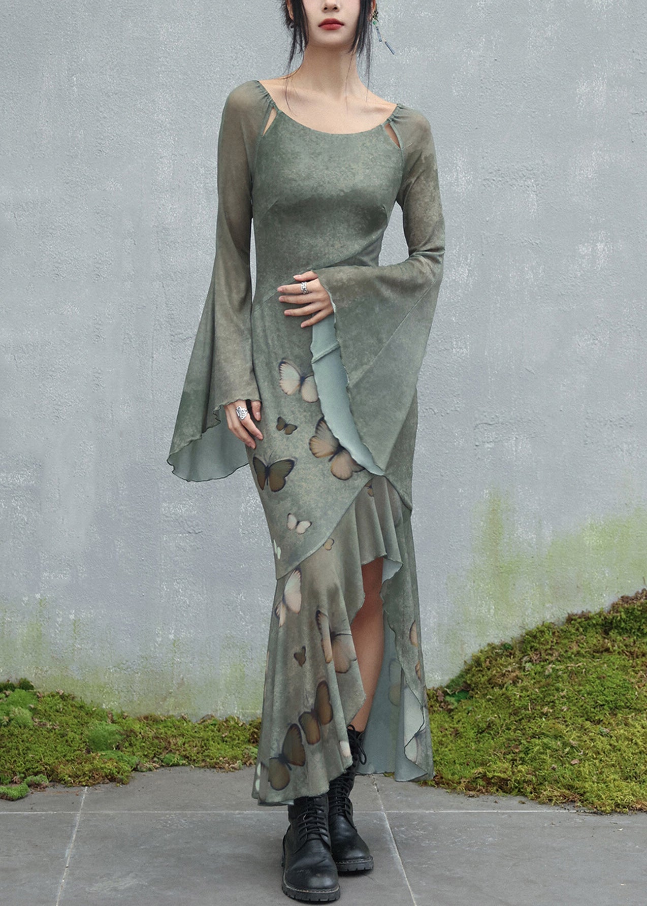 Original Design Green O-neck Butterfly Tulle Maxi Dresses Flare Sleeve