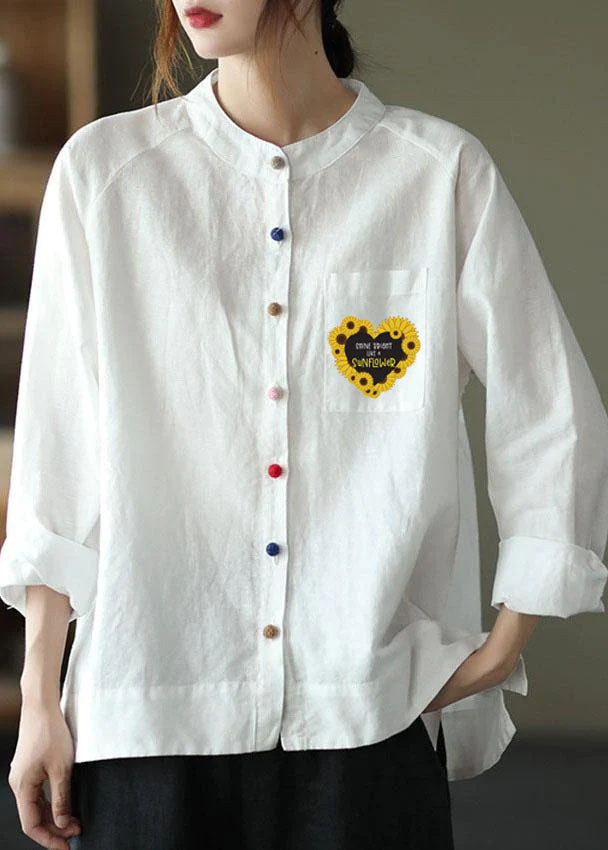 Modern White-love Pattern Loose Patchwork Pockets Fall Long Sleeve Blouse Top