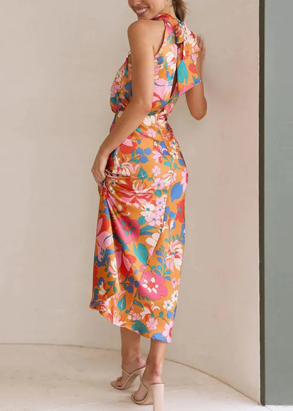 French Orange Print Lace Up Silk Dress Sleeveless