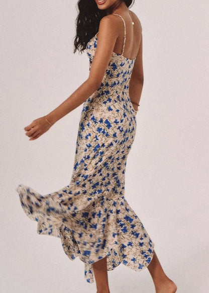 French Blue Print Slim Fit Cotton Spaghetti Strap Dress Summer