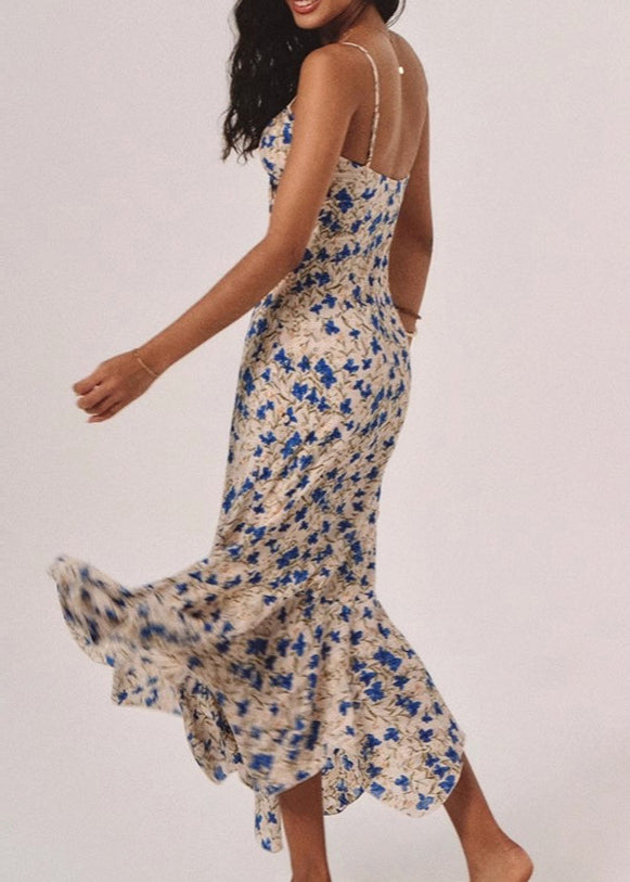 French Blue Print Slim Fit Cotton Spaghetti Strap Dress Summer
