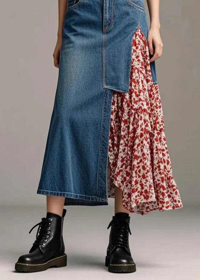 French Blue Asymmetrical Patchwork Denim Skirt Spring