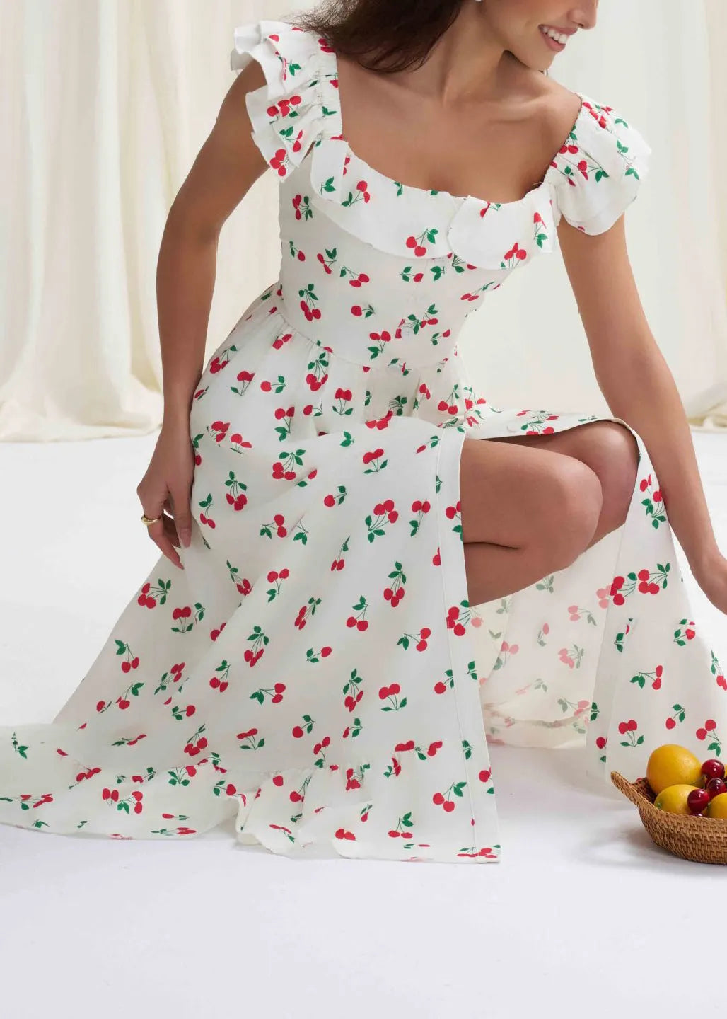 Fine White Ruffled Print Side Open Cotton Dress Summer