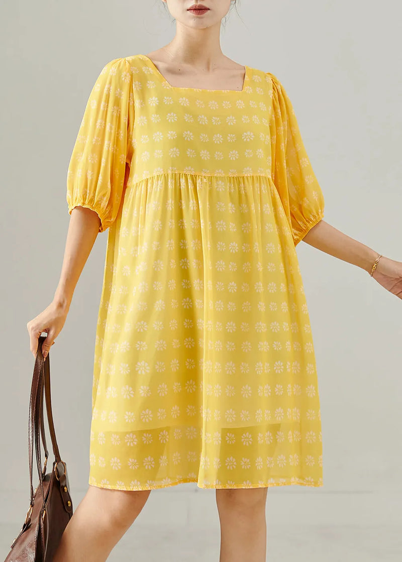 Yellow Square Collar Print Cotton Tea Dress Summer