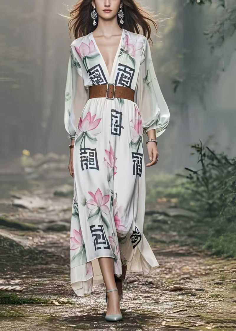 White Lotus Print Silk Holiday Tunic Dress Spring