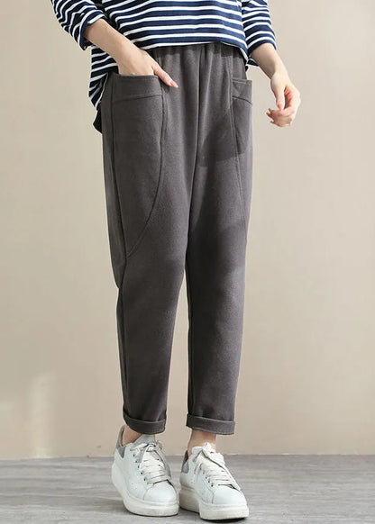 Grey High Waist Pockets Cotton Crop Pants Spring