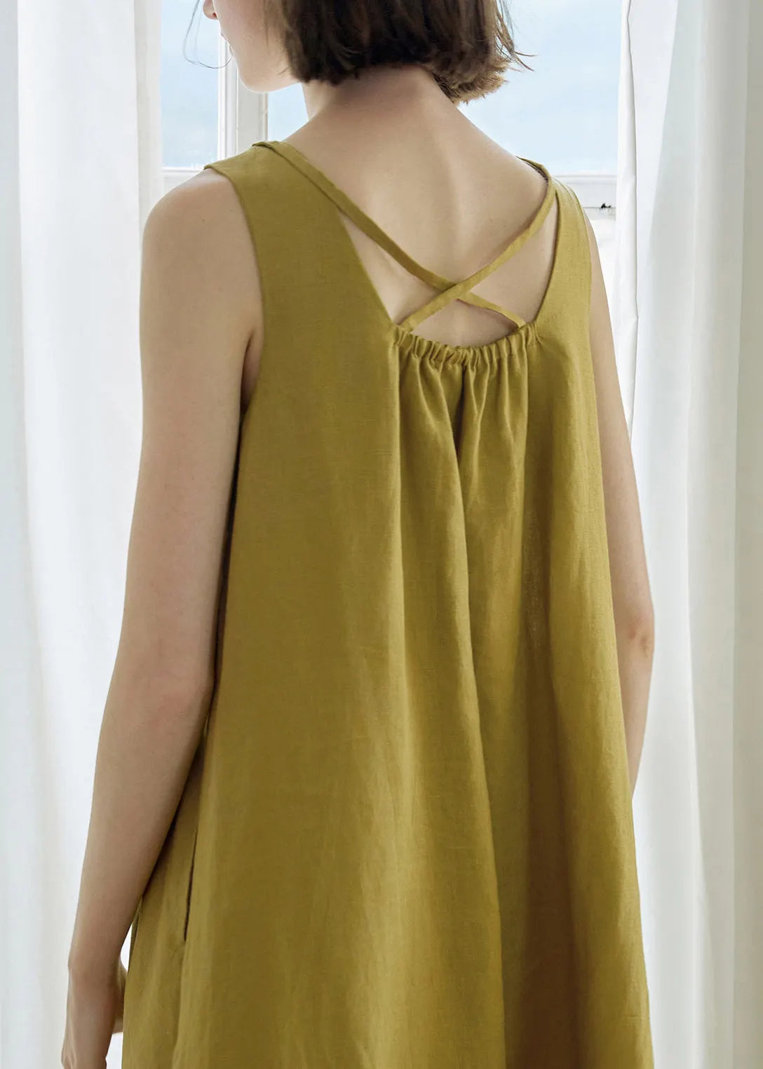 Yellow Green Square Collar Backless Linen Dress Sleeveless