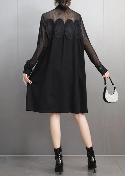 Black Lace Patchwork Tulle Long Dress Spring
