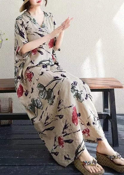 Italian Khaki Oversized Print Cotton Dresses Summer