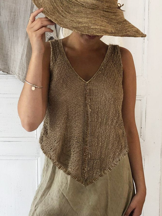 V Neck Cotton and Linen Linen Tank Top