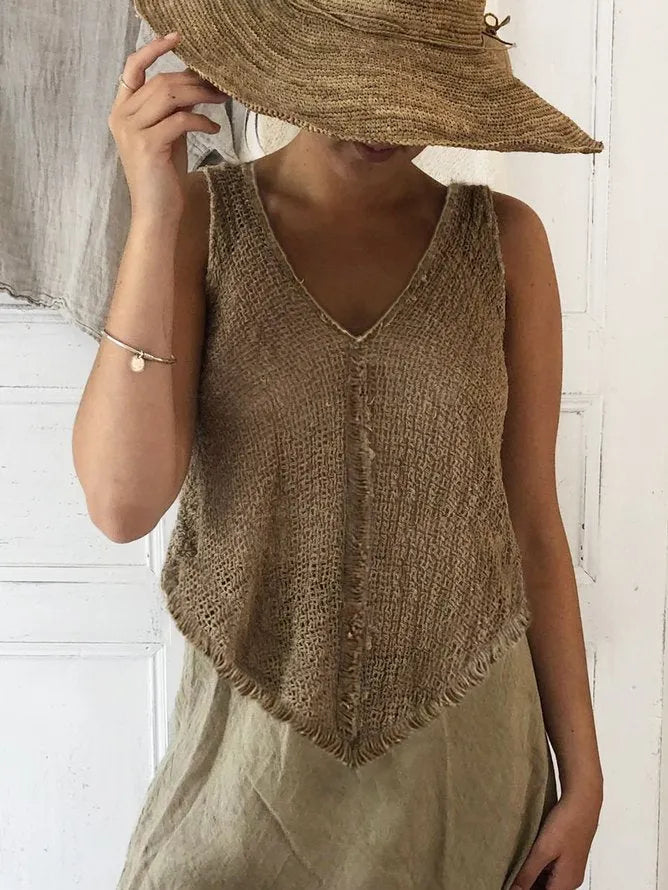 V Neck Cotton and Linen Linen Tank Top