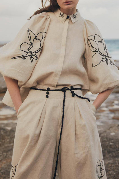 Print Flowers Pocket Frenulum Turndown Collar Half Sleeve Two Pieces