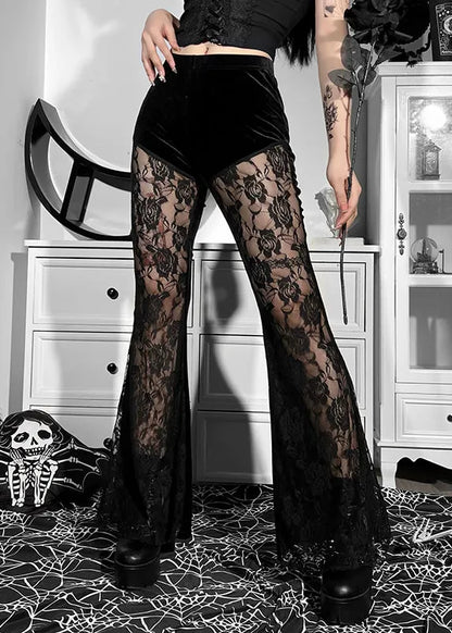 Black High Waist Lace Patchwork Silk Velvet Flared Trousers Spring