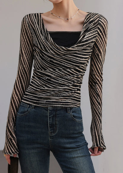 Black Khaki Striped Draped Neckline Top Spring