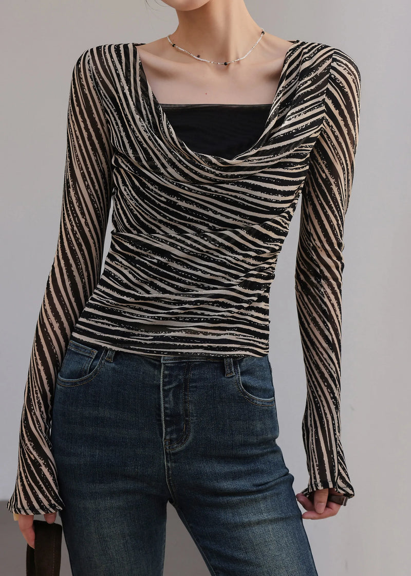 Black Khaki Striped Draped Neckline Top Spring