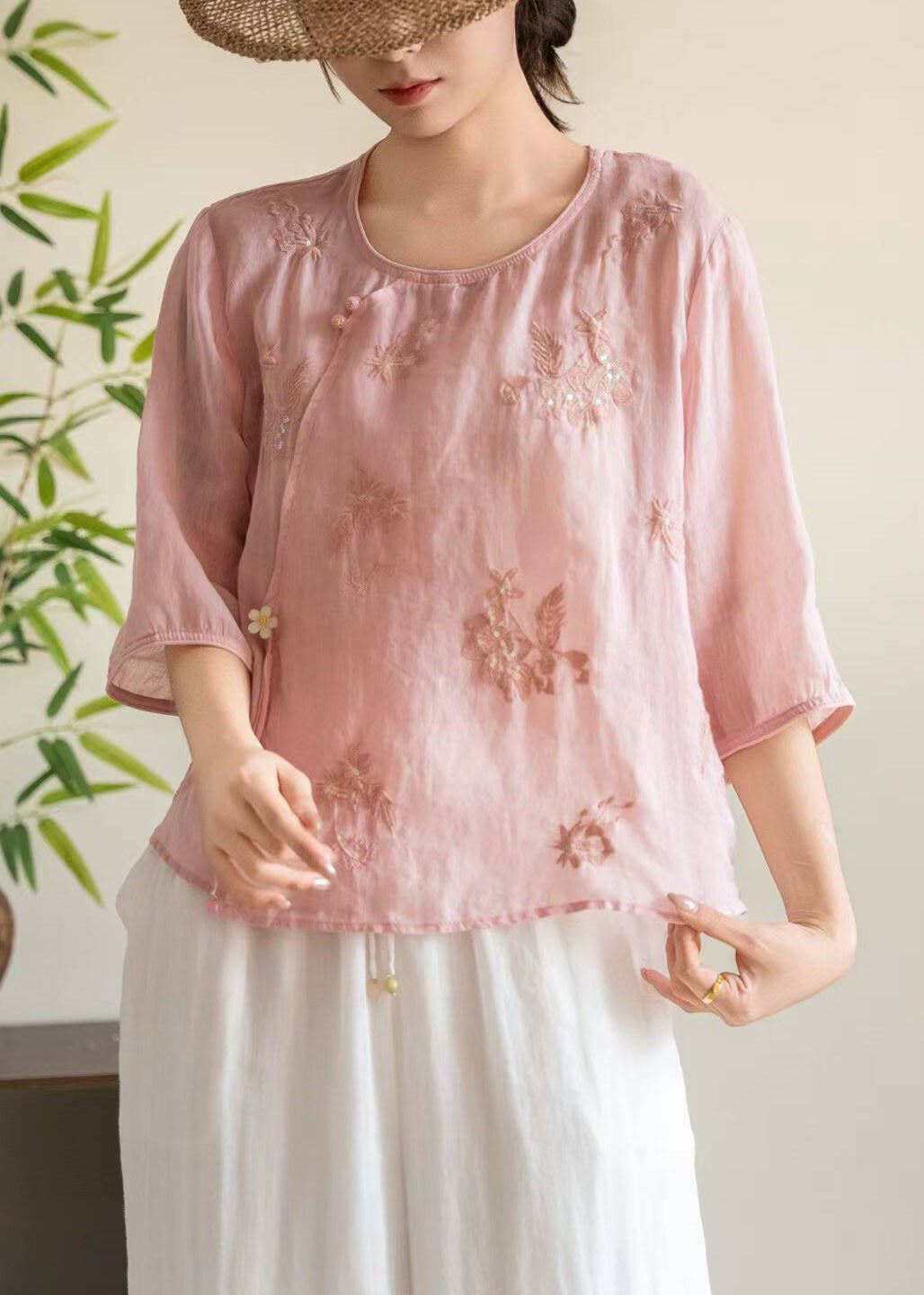 Rose O Neck Embroidered Linen Shirt Tops Bracelet Sleeve