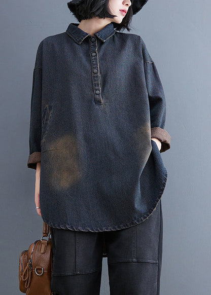 Retro Blue Peter Pan Collar Patchwork Denim Shirt Fall