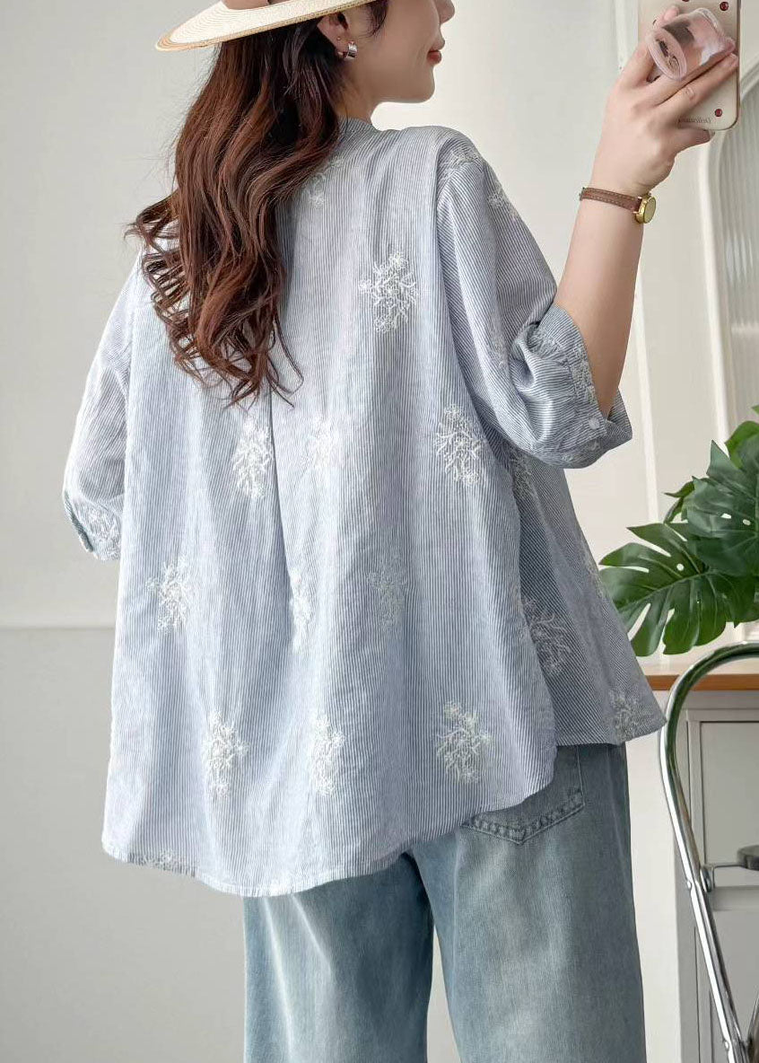 Blue Striped Cotton Loose Shirt Embroidered Summer