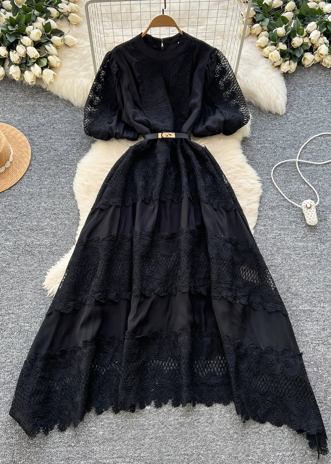 Modern Brown Hollow Out Patchwork Lace Dresses Summer