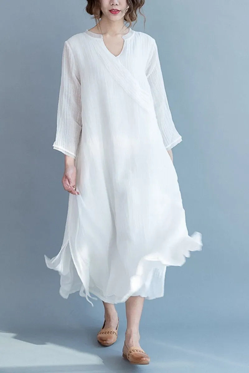 White Silk Linen Long Summer Dresses V-neck Clothing