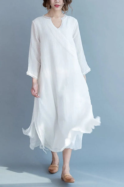 White Silk Linen Long Summer Dresses V-neck Clothing