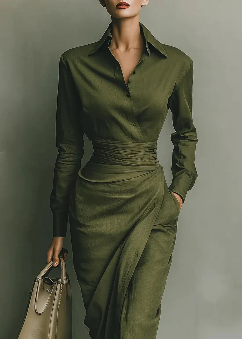 Green Peter Pan Collar Pockets Patchwork Cotton Dress Fall