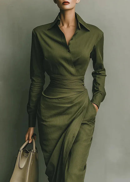 Green Peter Pan Collar Pockets Patchwork Cotton Dress Fall